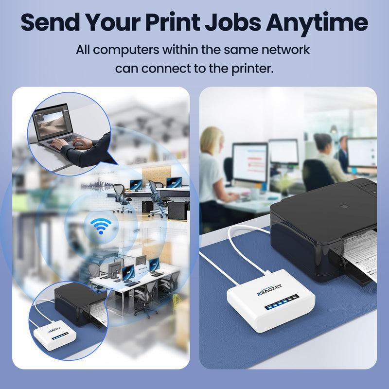 LK100W Wireless Print Server, USB 2.0 Printer Sharing | Convert USB printers to network printers via Ethernet or WiFi; share one printer with multiple computers 1 USB Port