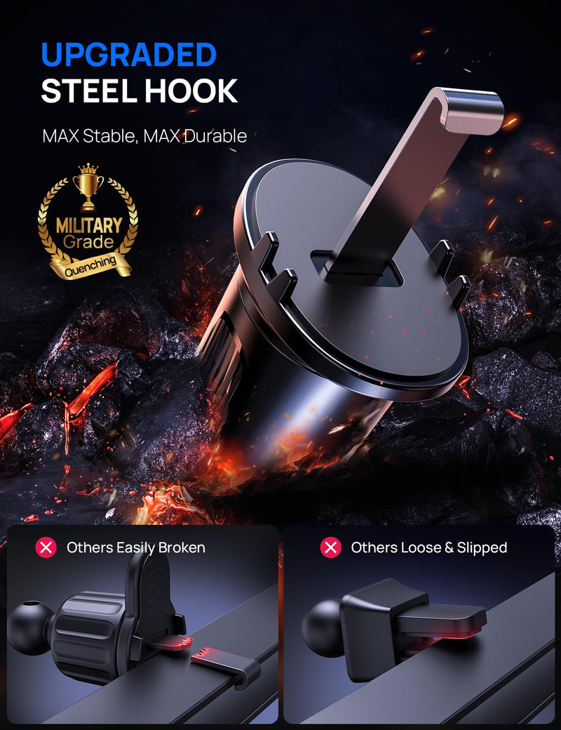 Air Vent Car Phone Holder, Stable Metal Hook, Wide Clamp, Anti-Vibration | Rotatable smartphone mount with one-press release and heat-resistant grip; fits large iPhone and Android phones with cases. AC-Cyan