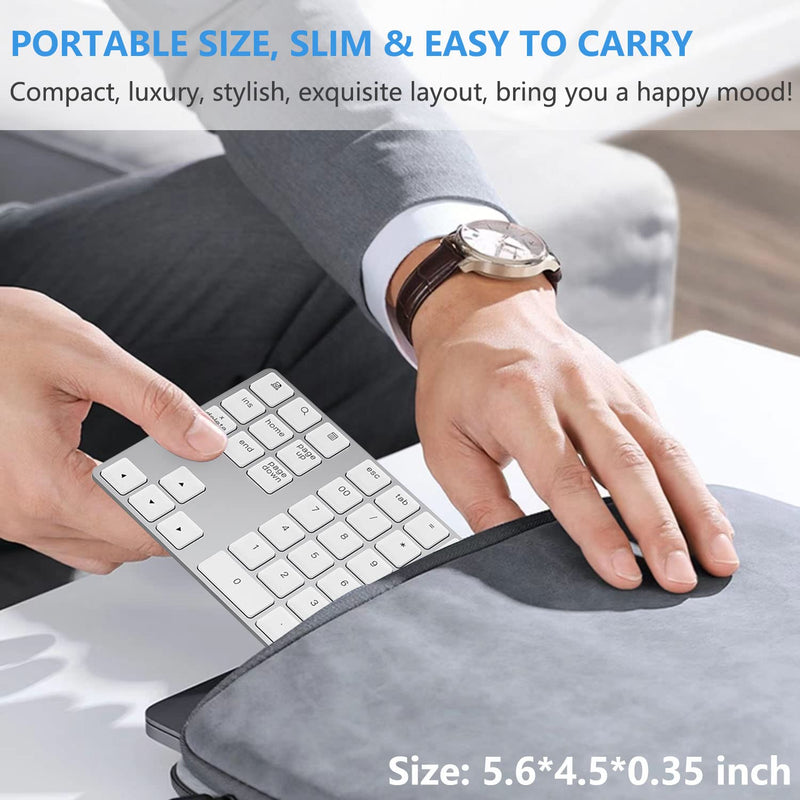 Bluetooth Number Pad, Lekvey Aluminum Rechargeable Wireless Numeric Keypad Slim 34-Keys External Numpad Keyboard Data Entry for Laptop, MacBook, MacBook Air/Pro, iMac, Windows, Surface Pro - Silver White and Silver