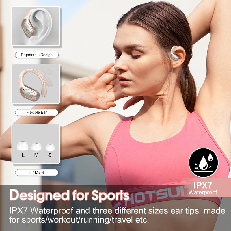 Aptkdoe 2 Sets Wireless Earbuds Sport, Bluetooth 5.4 Over Ear Buds Stereo Deep Bass Over Ear Bud with Earhooks, 75H Wireless Earphones with Mic, IPX7 Waterproof Earphone for Sports Black+Rose Gold