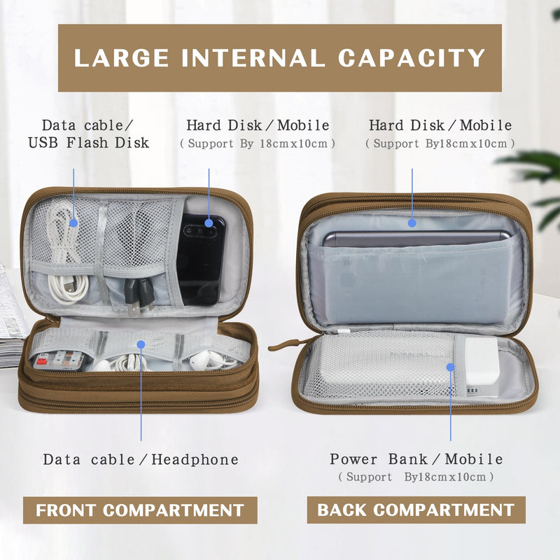 FYY Electronic Organizer, Travel Cable Organizer Bag Pouch Electronic Accessories Carry Case Portable Waterproof Double Layers Storage Bag for Cable, Charger, Phone, Earphone, Medium Size- Brown