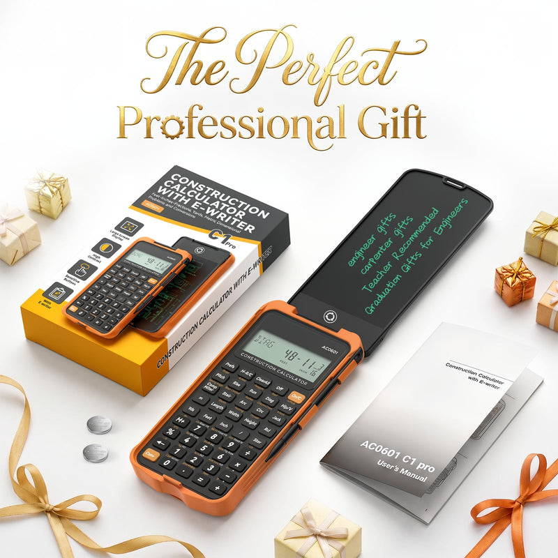 Construction Calculator Engineering Calculator with Writing Tablet | Professional Math Tool for Contractors, Carpenters, Feet-Inch-Fraction Converter with Sturdy Protective Cover Gray Orange Construction Calculator with Writing Tablet