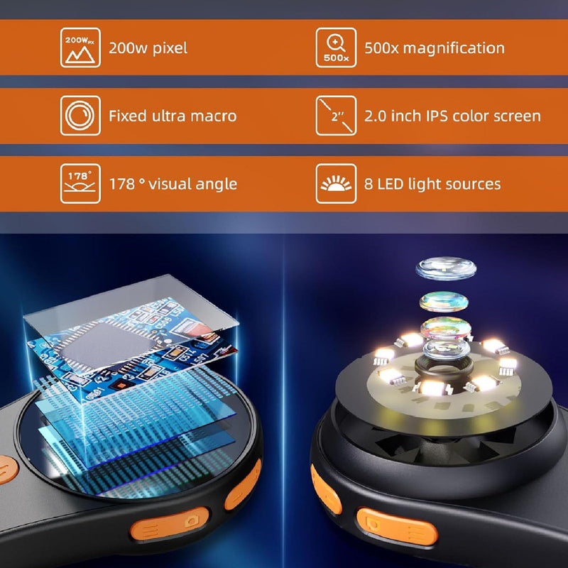 [AUSTRALIA] - Macro Digital Microscope, 500X Handheld Digital Microscope Fixed Focus, Portable Handheld Magnifying Glass with 2.0 Inch Screen, 2MP Pixels, Built in 8 LEDs, for OS 