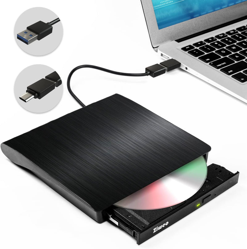 Ziweo External DVD Drive USB 3.0 Type-C CD Burner Portable CD +/-RW Drive DVD Player for ROM Rewriter Burner Compatible with Laptop Desktop PC Windows MacBook Linux Mac OS