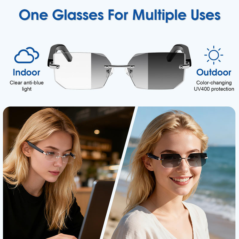 Bluetooth Audio Smart Glasses, Blue Light Glasses for Women Men, Open Ear Sound Mic & Speakers, Magnetic Charging, Color-Changing Polarized Sunglasses Lenses, Voice Assistant (Change) change