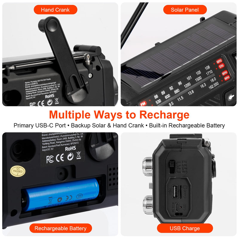 [AUSTRALIA] - Hand Crank Emergency Weather Radio with 2600mAh/9620mWh Power Bank, NOAA AM FM Shortwave Portable Radio, Solar & USB-C Charging, Flashlight, SOS Alarm for Emergency Kits (Black) Black 