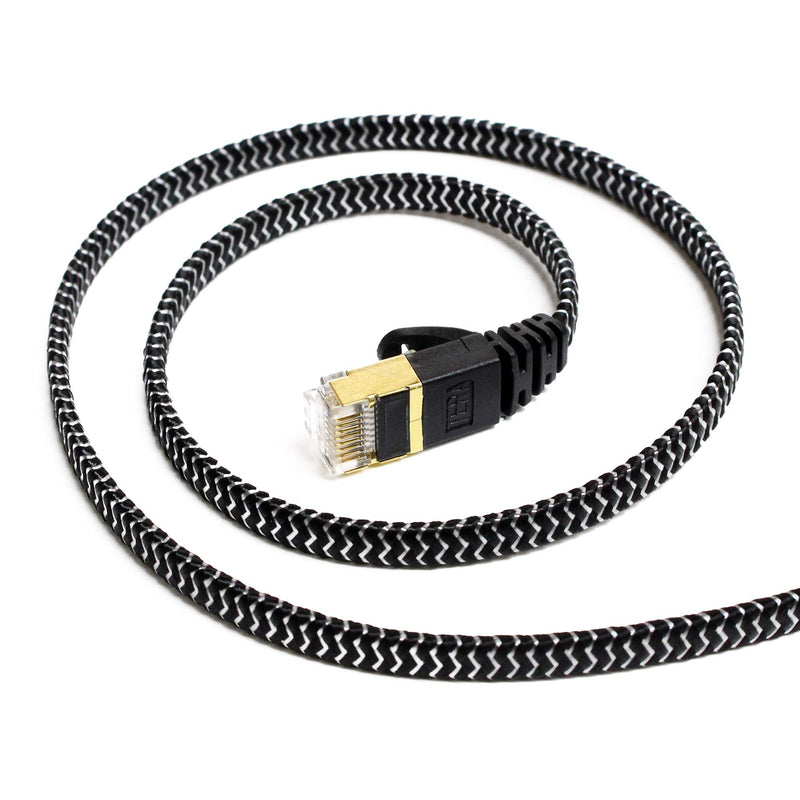 Tera Grand - 75FT - CAT7 10 Gigabit Ethernet Ultra Flat Patch Cable for Modem Router LAN Network - Braided Jacket, Gold Plated Shielded RJ45 Connectors, Faster Than CAT6a CAT6 CAT5e, Black & White 75 FT Black & White - Braided - Flat