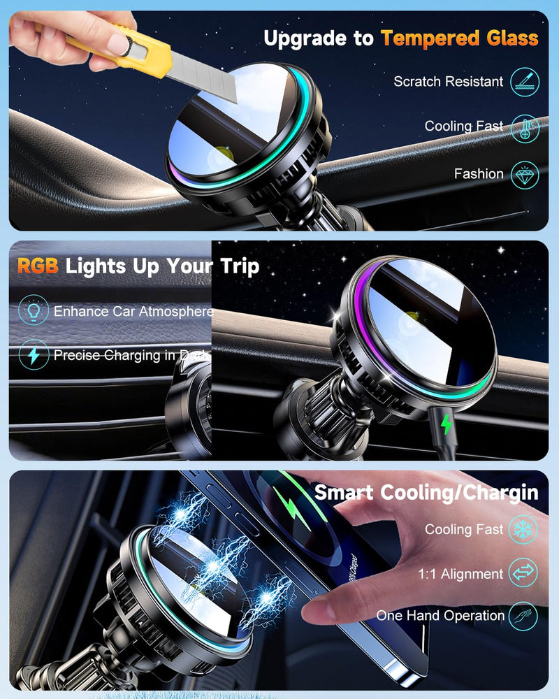for MagSafe Car Mount Charger TEC Fan Cooling Magnetic Wireless Car Charger | Strong Magnet 15W Fast Charging Air Vent Car Phone Holder Bracket for Your Car for iPhone 17 16 15 14 13 12 Samsung & Android Black 1