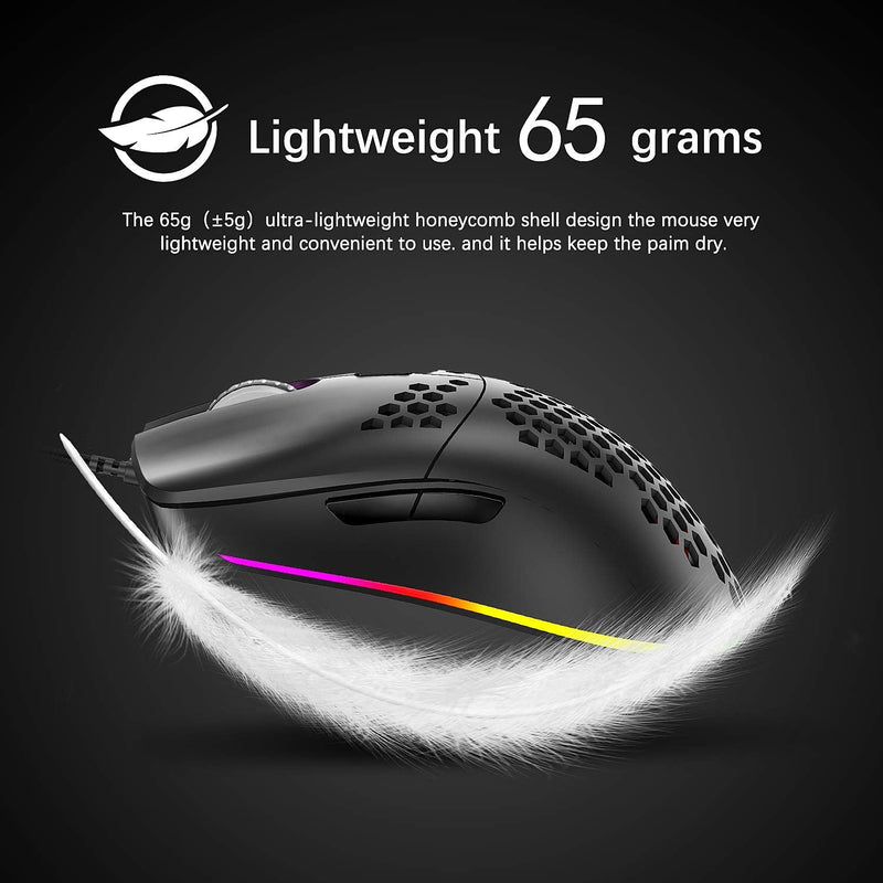 Lightweight Gaming Mouse,26 Kinds RGB Backlit Mice,PixArt 3325 12000 DPI Mouse,Ultralight Honeycomb Shell Ultraweave Cable Mouse and Anti-Key Can Be Set for PC Gamers and Xbox and PS4 Users(Black) Black RGB