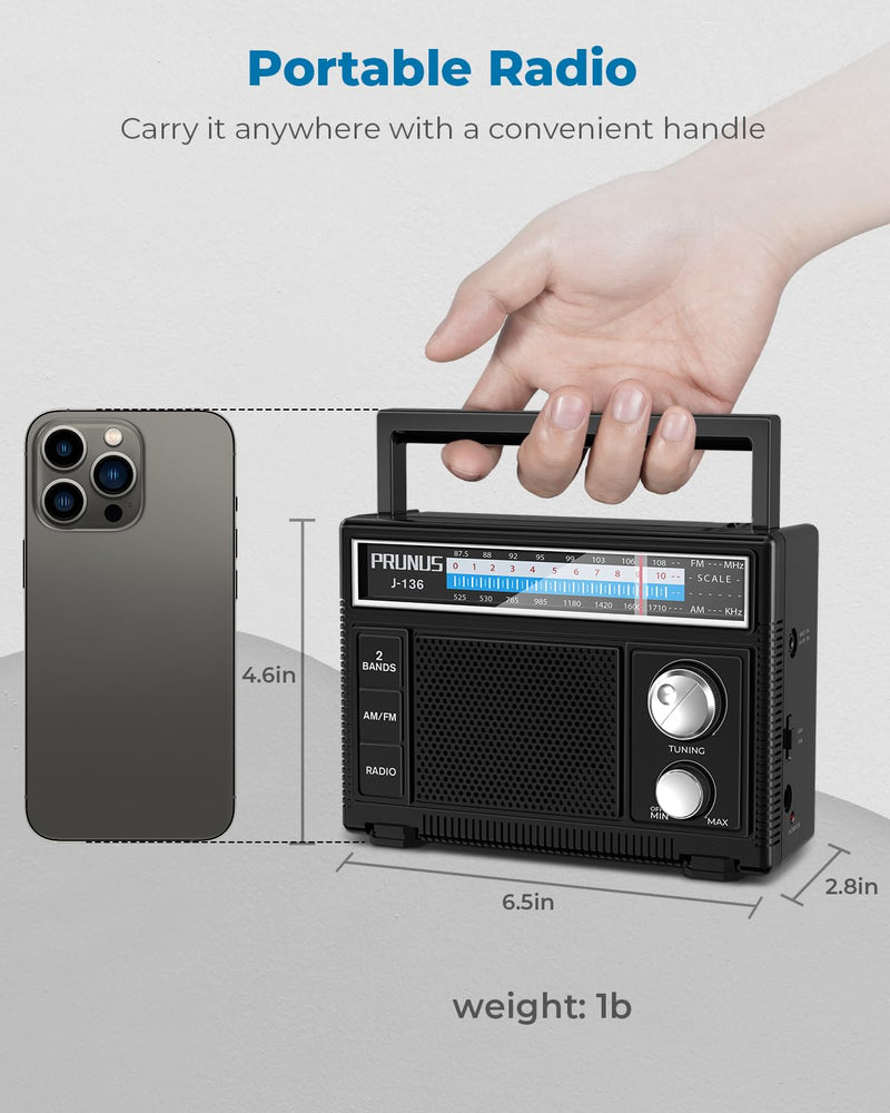 PRUNUS J-136 Portable AM FM Radio with Best Reception,D Battery Operated or Plug in Wall, Transistor Radio,Loud Speaker Support AUX in and Micphone in, Small Radios Portable AM FM, No