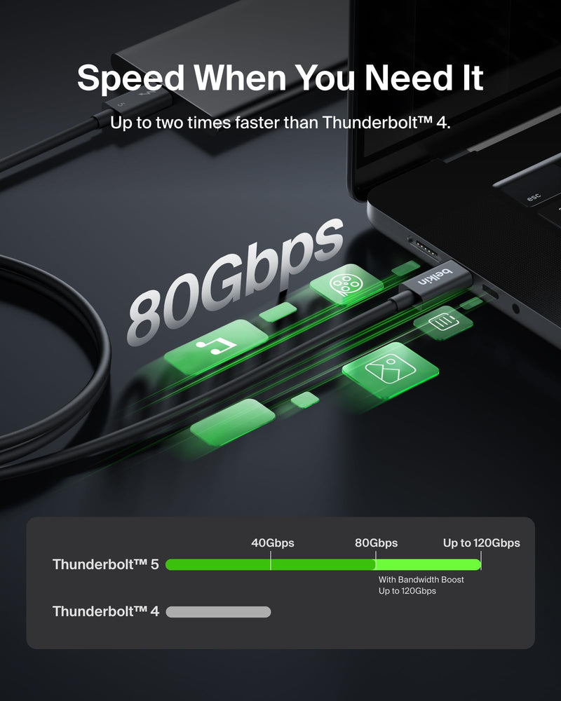 Belkin Thunderbolt 5 Cable 1M | 80Gbps data transfer, high-speed cable, USB4, laptop, MacBook, docking station