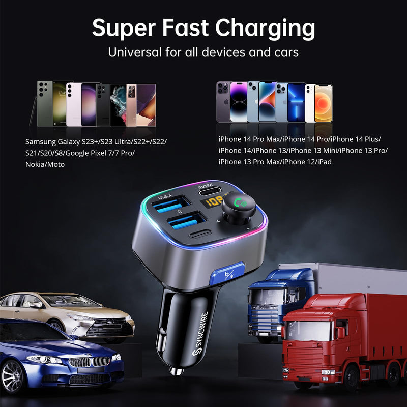 Syncwire Bluetooth 5.3 FM Transmitter Car Adapter 48W (PD 36W & 12W) [Light Switch] [Hi-Fi Deep Bass] [Fast Charge] Wireless Radio Music Adapter LED Display Hands-Free Calling Support USB Drive Silver