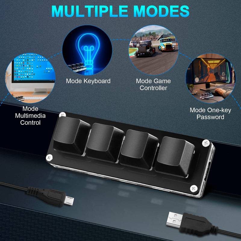 Ecarke Black Mini 4-Key Keypad Mechanical Gaming Keyboard, Set by Yourself Programming with 1.5m USB Data Cable（Upgrade Cherry Shaft & RGB LED）
