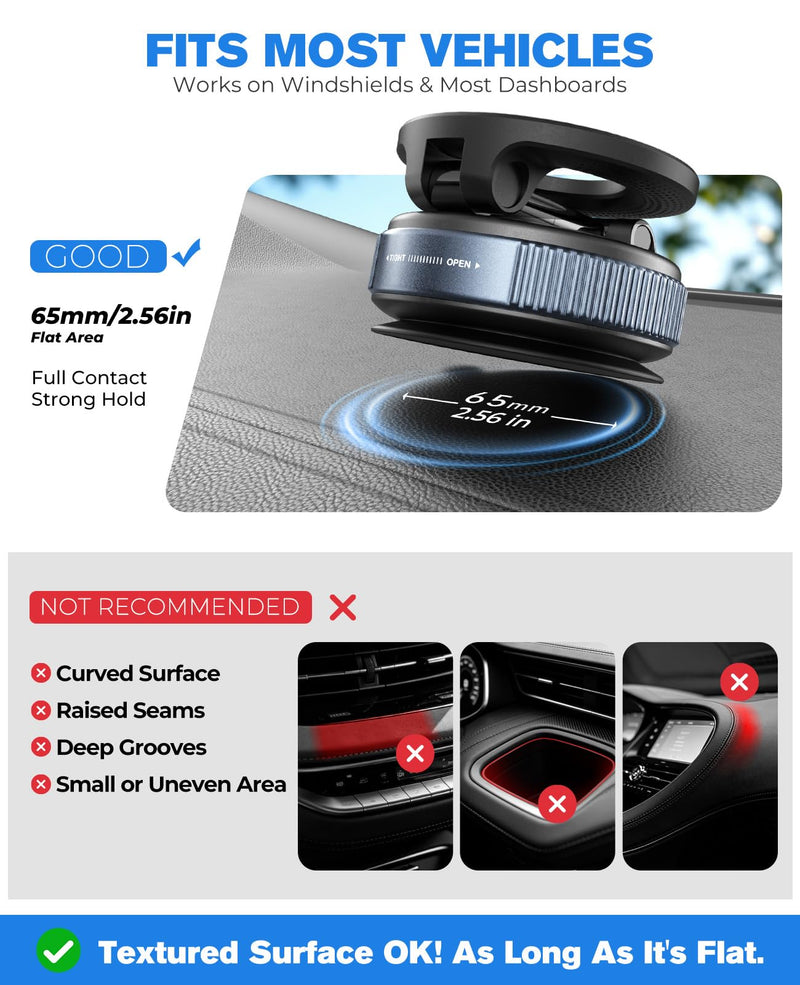 Jononser Magnetic Car Phone Holder for MagSafe, Nano-Gel Suction Cup Car Phone Mount for Car Dashboard & Windshield, Pocket-Size Foldable 360° Adjustable Car Mount for iPhone 17 16 15 14 13 12 Series Black Nano-Gel Grip