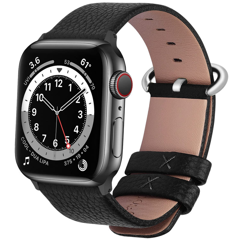 Fullmosa No-Tool Needed Band Compatible Apple Watch Band with Case 49mm 45mm 44mm 42mm Silver & Leather Apple Watch Band Strap with Silver Buckle 44mm 42mm 45mm Black