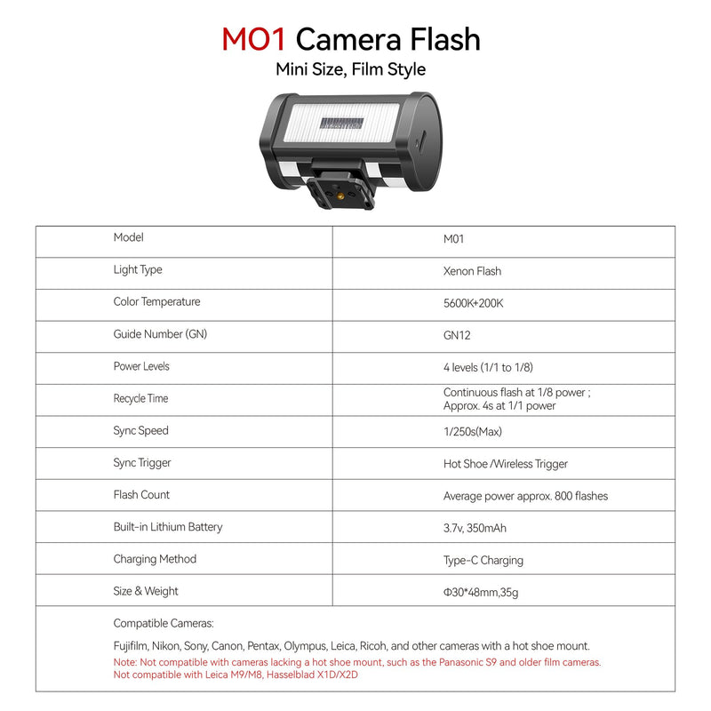 [AUSTRALIA] - TTARTISAN M01 On-Camera Flash, Mini Flash Speedlite for Hot Shoe Camera, Lightweight Xenon Flash Light with 4 Power Level GN12 5600K±200K Compact Retro Camera (1) 