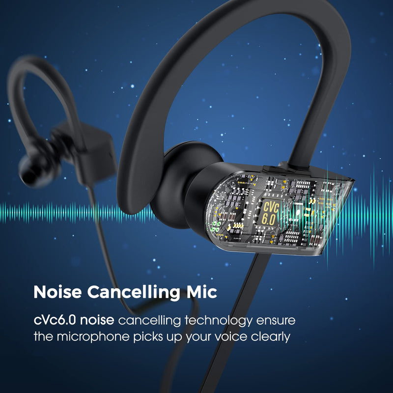 Bluetooth Headphones, Deep Bass Wireless Running Headphones w/16 Hrs Playtime, Bluetooth Earbuds in-Ear w/Earhooks, IPX7 Waterproof Sports Earphones with Microphone for Calls | IPX7 Waterproof Wireless Earbuds with Ear Hooks, CVC 6.0 Noise Cancelling E...