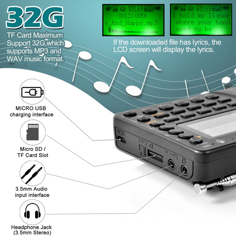 [AUSTRALIA] - ZHIWHIS Portable Bluetooth Radio, FM AM Shortwave Radios with Sleep Timer and Preset Function, Rechargeable Digital Recorder, Stereo MP3 Player with Lyric Display, Support Micro SD Card and AUX ZWS-603 (green backlight) 