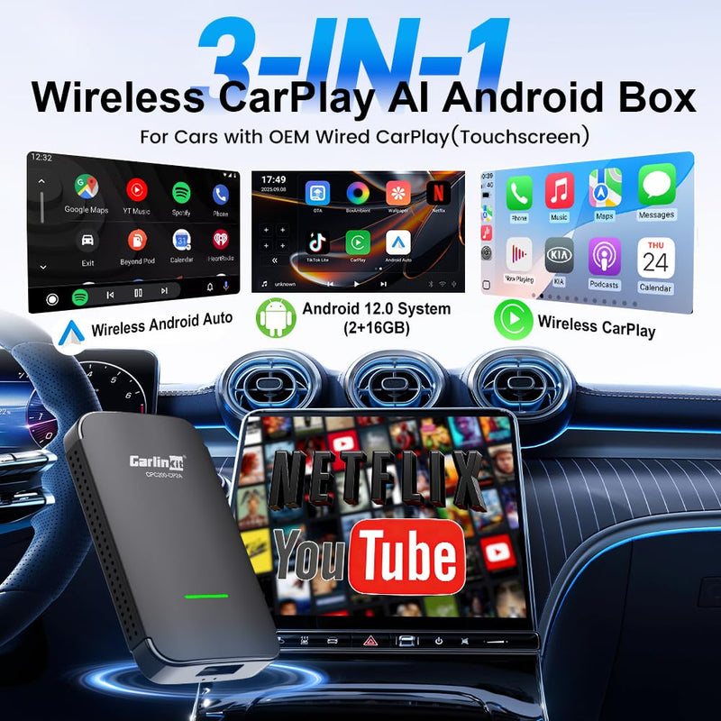 Carlinkit Wireless CarPlay Adapter CP2A Pro with Video Streaming | Converts Wired to Wireless Android Auto,for Wired CarPlay Car Only,FOTA Upgrade,Built-in Netflix/YouTube/TikTok Lite