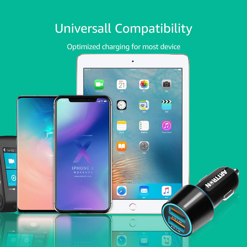 [AUSTRALIA] - 12V-24V Car Cigarette Lighter USB Charger,Arttron Dual Port 24W 4.8A Car Fast Charger Adapter(Premium Alloy Head) with 1X3Ft Type C 2 in 1 Fast Charging&Data-transfer Cable,for Samsung,iphone,Android. Black/grey 