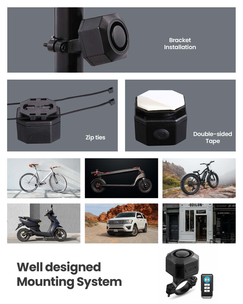 Bike Alarm with Remote, 110dB Wireless Anti-Theft Vibration Motorcycle Alarm, Door, Window & Vehicle Security Alarm System, Adjustable Sensitivity & Volume, USB-C, Waterproof, Programmable