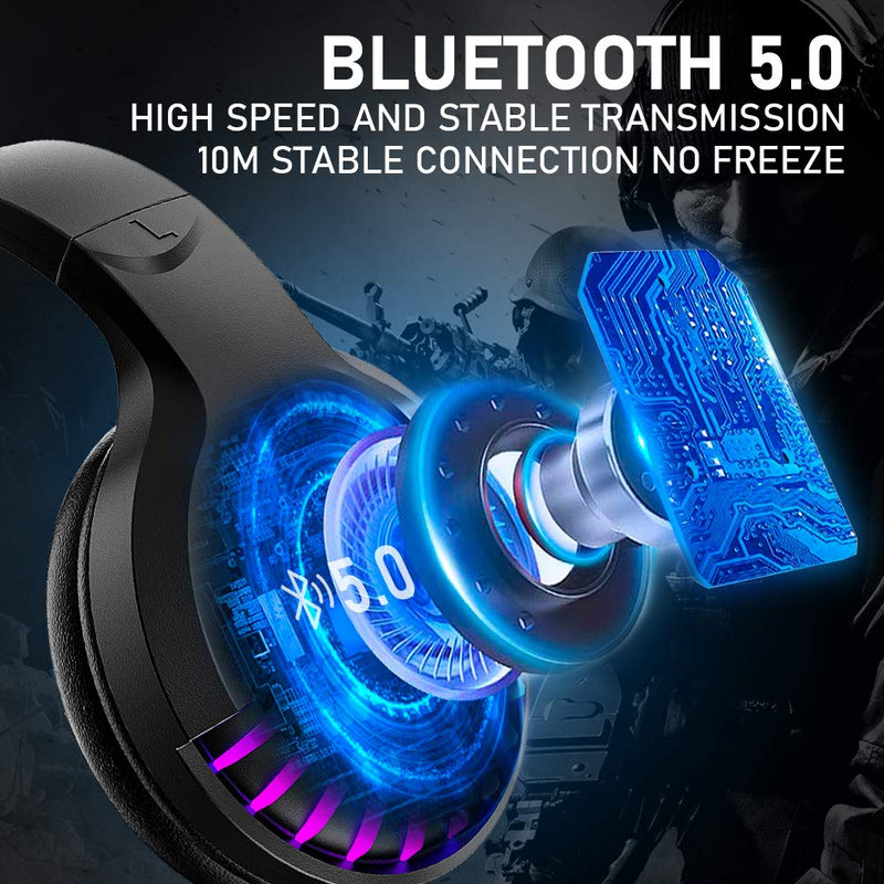 Wireless Bluetooth Headphone with Noise Cancellation HiFi Stereo Sound Mic Deep Bass Protein Earpad Rainbow RGB Backlight Rechageable Over Ear Headset for PC Mac Game Travel Class Home Office(Black) Black