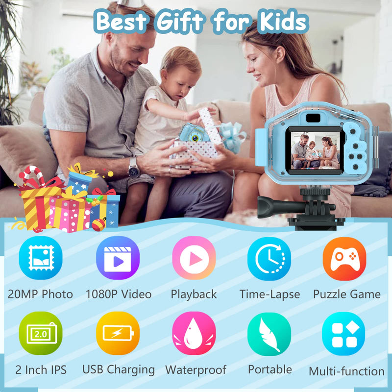 Kids Waterproof Camera for Boys, Christmas Birthday Gifts for Toys 3-12 Year Old, Mini Children Underwater Digital Action Camcorder (Light Blue) Light Blue