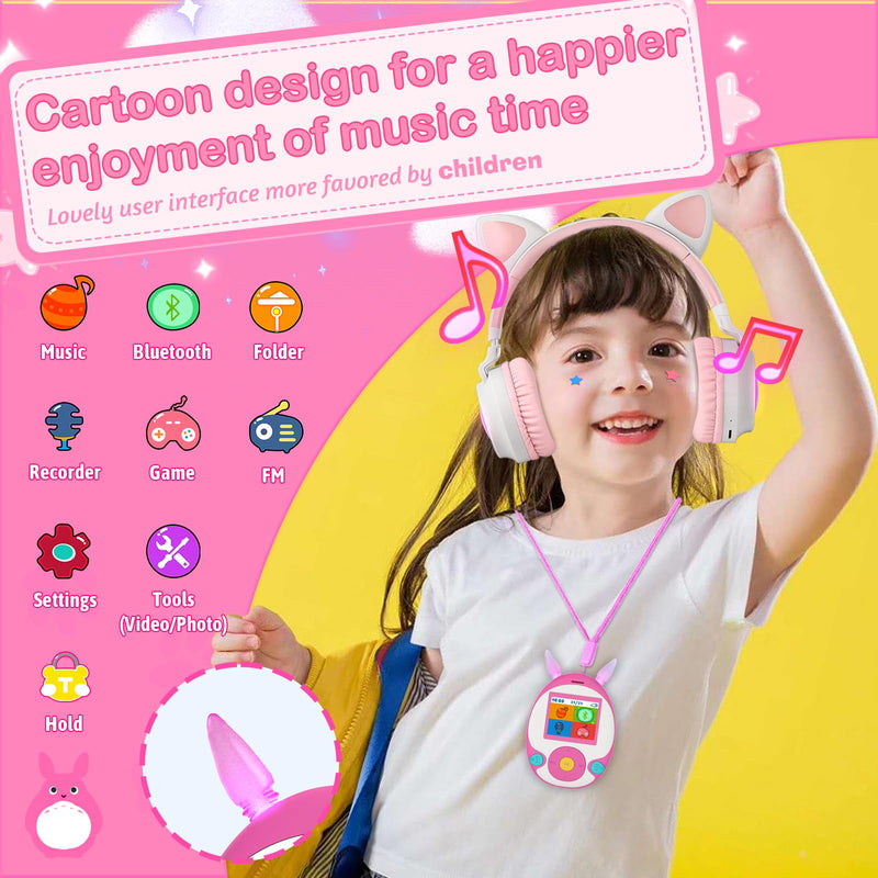[AUSTRALIA] - 64GB MP3 Player for Kids, Kids MP3 Player with Bluetooth, Front Speaker, Games, Recorder, Ear Lights, Alarm, Music Player Expandable Up to 128GB(Earbud, Aux Cable, Lanyard Included) Pink 