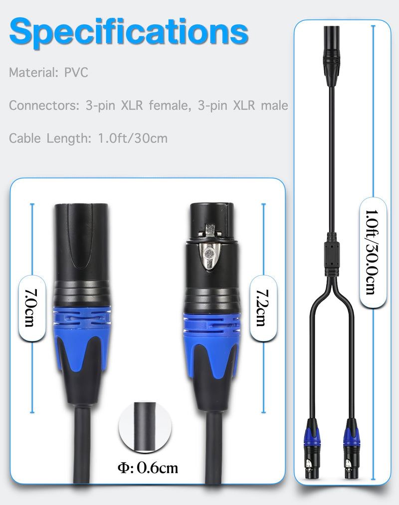 Balanced XLR Y Splitter Cable, XLR Microphone Cable, Male to 2 Female XLR Splitter, 3-Pin XLR Plugs to Dual XLR Jack Adaptor Cord, 1 foot, Blue