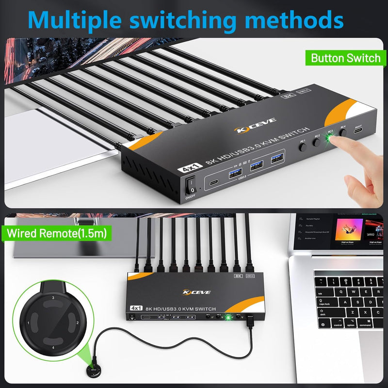 8K KVM Switch 1 Monitor 4 Computers 8K@60Hz 4K@120Hz, HDMI KVM Switch with 3 USB 3.0 Ports for 4 Computers Share 1 Monitor Keyboard Mouse Printer, with 2 USB Cables and Controller black USB+HDMI