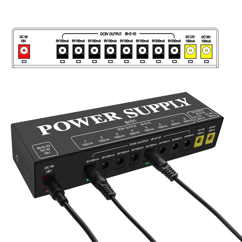 B101 Guitar Pedal Power Supply, 10 Isolated Outputs, 9V/12V/18V
