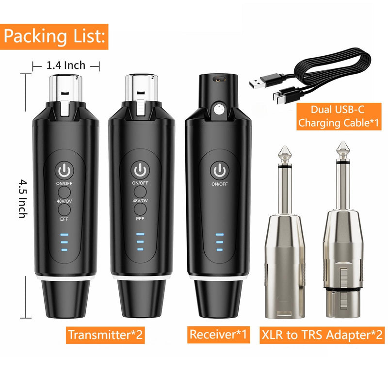 Wireless XLR Microphone System (2 Transmitter & 1 Receiver) 2.4Ghz, XLR Mic Adapter for Dynamic Microphone, Audio Mixer, Electric Guitar Bass, 48V Phantom Power for Condenser Mic, 160ft Range 2.4GHz (2TX+1RX)