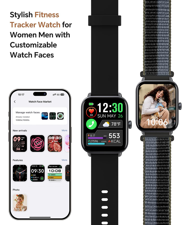 Quican Smart Watches for Women/Men, 2 Bands, Compatible for Android iPhone | 1.8" Fitness Tracker Watches, Alexa Built-in, Waterproof /Bluetooth Calling, Heart Rate/Sleep Monitor, Perfect Smart Gift Black 1.8 Inches
