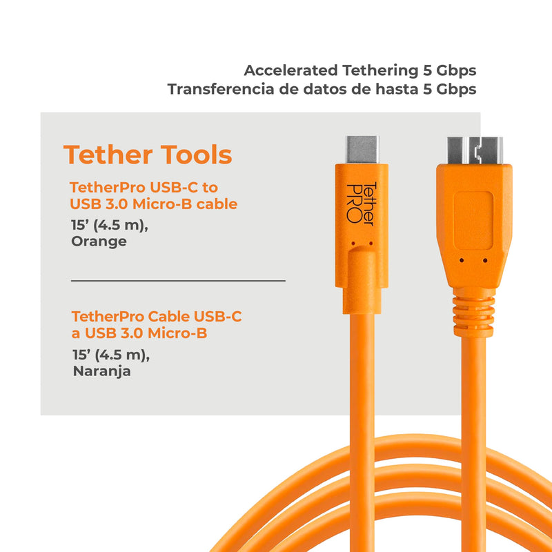Tether Tools TetherPro USB-C to USB 3.0 Micro-B Cable | for Fast Transfer and Connection Between Camera and Computer | High Visibility Orange | 15 Feet (4.6 m) | 15ft USB-C to Micro-B 3.0 cable with shielding and reversible connector for tethering, dat...