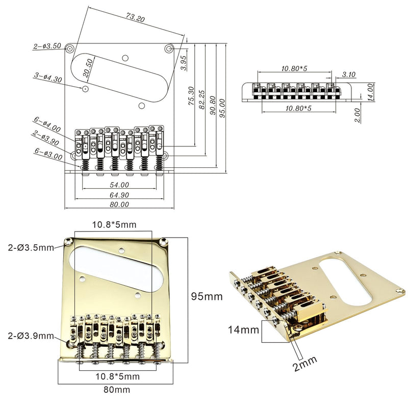 10.8mm 12-String Tele Bridge Adjustable Fixed Hardtail Guitar Bridge -Zinc Alloy Saddles Stainless Steel Baseplate for 12-String Telecaster Guitar Replacement Parts (Gold) Gold
