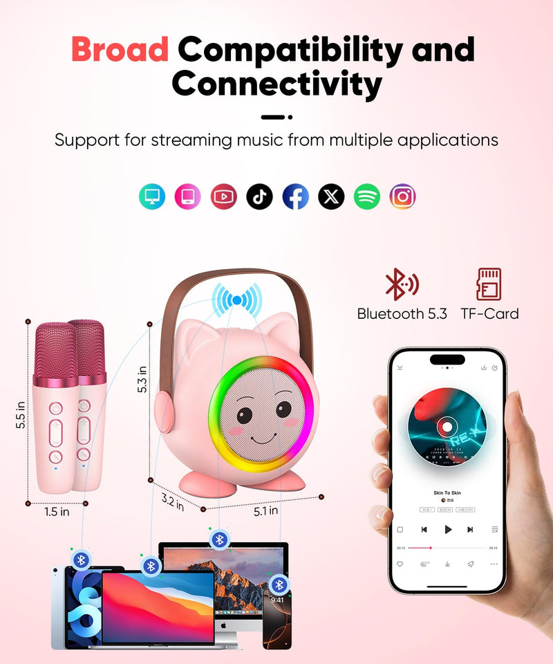 [AUSTRALIA] - Mini Karaoke Machine Toy for Kids, Portable Karaoke Machine with 2 Wireless Microphone for 4,5,6,7,8,9,10,11,12+ Years Old Christmas Birthday Gifts Girls Boys (Pink) Pink 2 Mic 