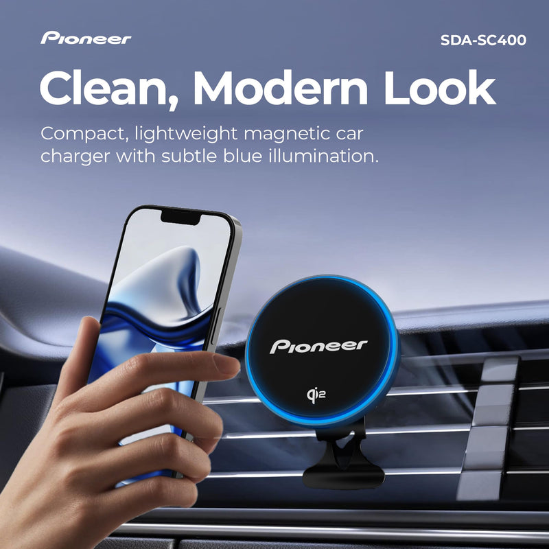 Pioneer Qi2 MagSafe Wireless Car Charger and Phone Mount | MagSafe Compatible, Air Vent Mount, Blue Illumination, Includes Metal Ring MagSafe Wireless Charger