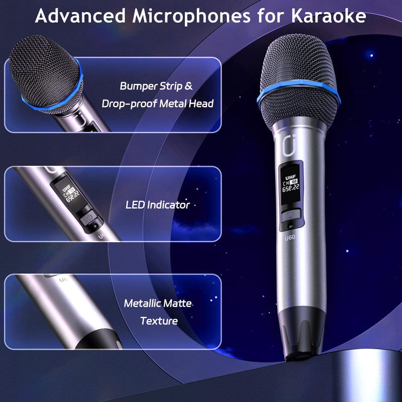 Wireless Microphones for Karaoke: Dual Professional Karaoke Microphone for Singing, Rechargeable Dynamic UHF Mic System with Receiver for Church, Party, Meeting, Speech, PA System, Plug and Play Gold & Gray