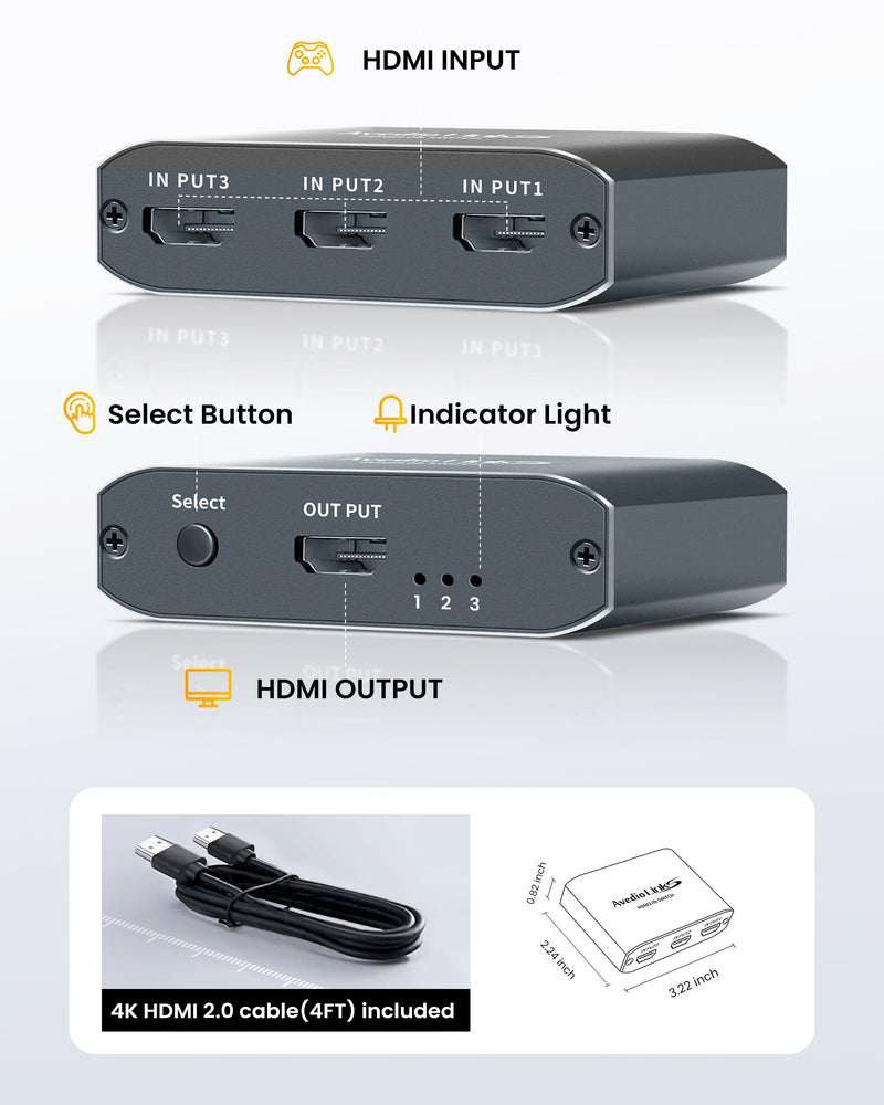 [AUSTRALIA] - HDMI Switch 3 in 1 Out 4K@60Hz Aluminum Alloy【with 4FT HDMI 2.0 Cable】, avedio links 3x1 HDMI Multi Port Switch, 3 Way HDMI Selector Switcher Support HDCP 2.2, HDR 10, for Fire TV Stick, PS5, PS4 Aluminum Alloy 4K@60Hz 3x1 Grey 
