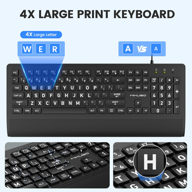 Large Print Keyboard Mouse Combo for Seniors, Wired 3-in-1 Set | 4X Oversized Print, Laser-Etched Non-Fade, Full-Size Numpad, Mouse + Pad + Dust Cover, Ergonomic Design Black（3 in 1）