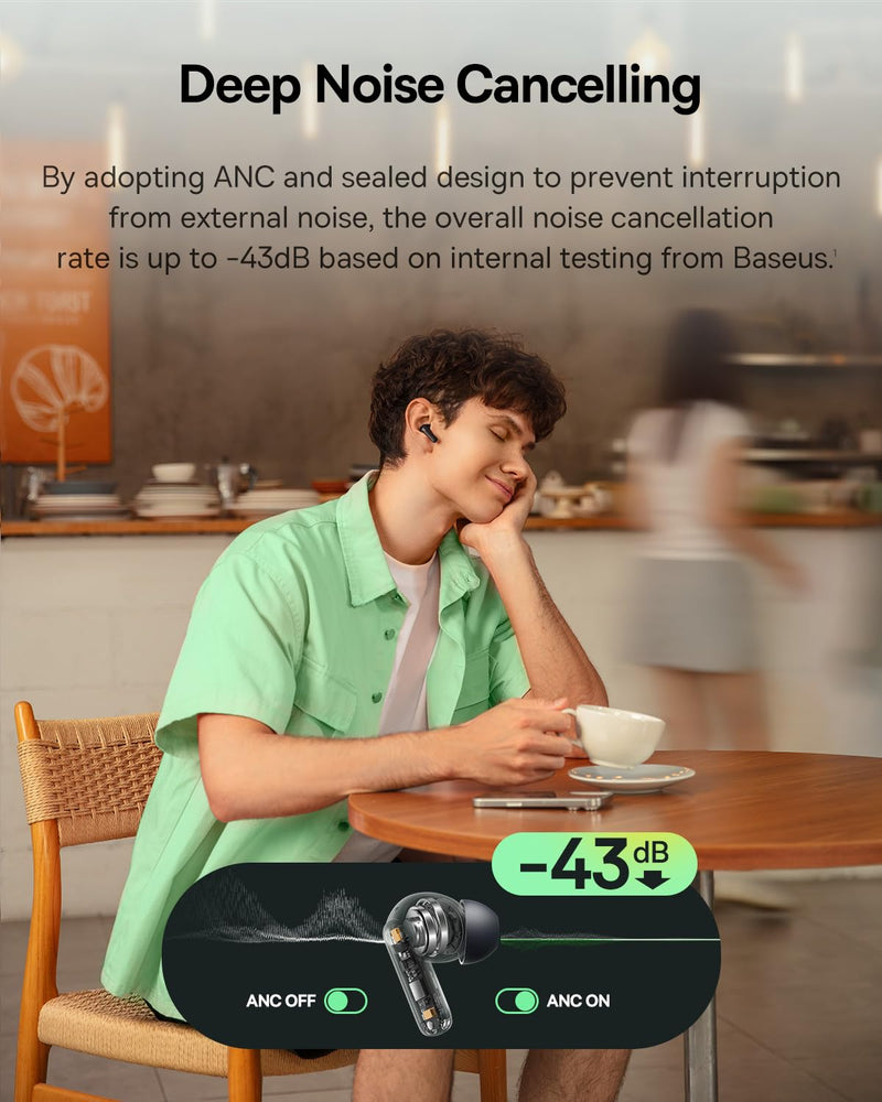 Baseus Bass BP1 NC Hybrid Active Noise Cancelling Wireless Earbuds, 12mm Super-Bass Driver, 41H Playtime, Bluetooth 6.0, IP55 Waterproof, 4-Mic AI ENC, 24 Customizable EQ Black