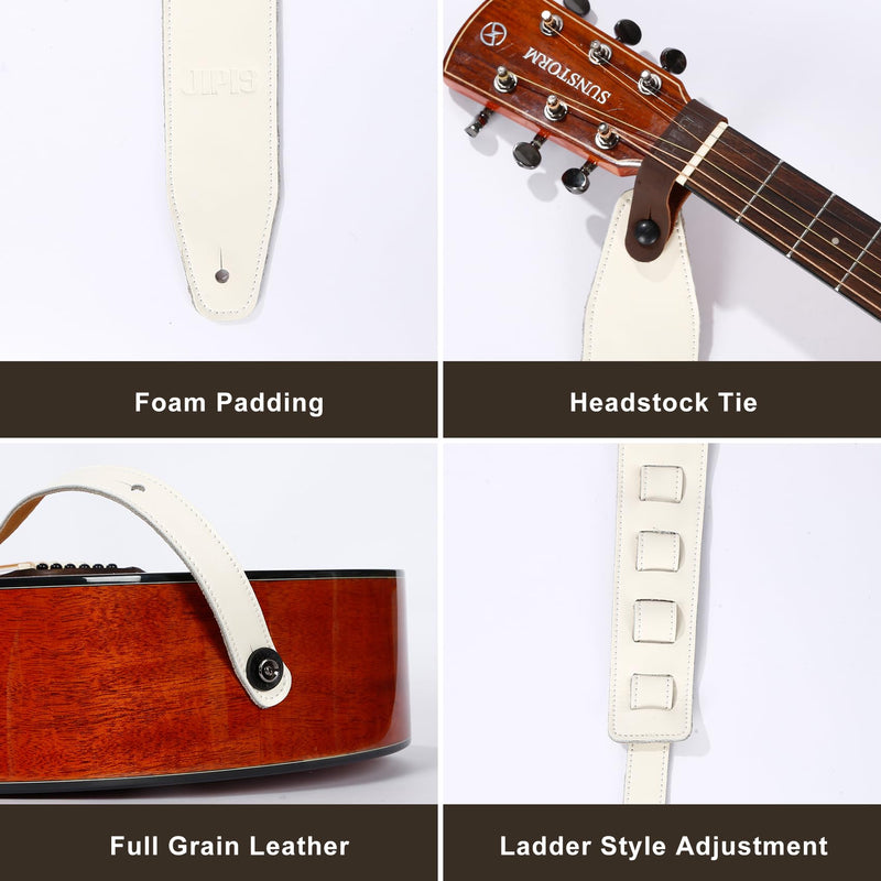 [AUSTRALIA] - Genuine Cowhide Leather Guitar Strap Soft Durable Guitar Strap for Acoustic Electric Guitar&Bass Adjustable Strap Jipis 014-white 