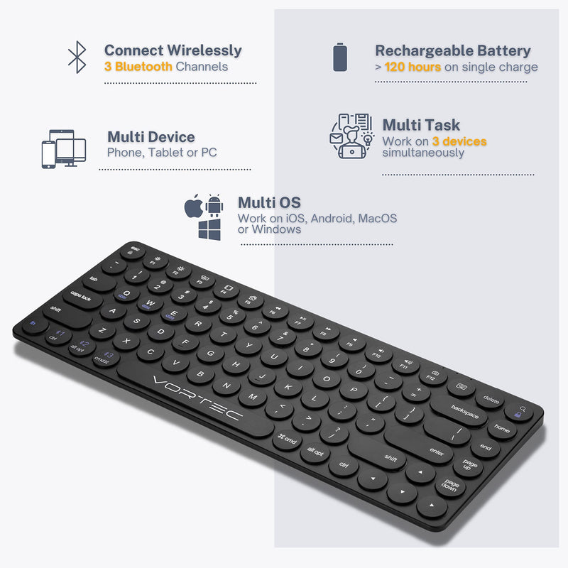 Bluetooth Keyboard for iPad, iPhone, Android, Apple, Windows – Streamlined, Compact Multi Device Keyboard – Ergonomic Bluetooth Wireless Keyboard for Mac, PC – Computer Keyboard Bluetooth by Vortec