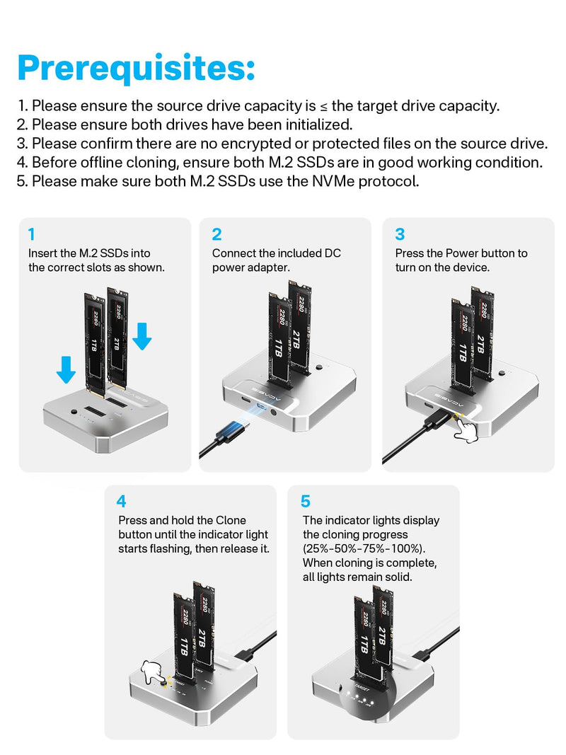 ACASIS 20Gbps M.2 NVMe SSD Cloner & Docking Station, Dual-Bay Duplicator | Offline Cloning • Aluminum Heat Dissipation • Tool-Free Installation • PCIe NVMe M-Key Support • USB Adapter Design