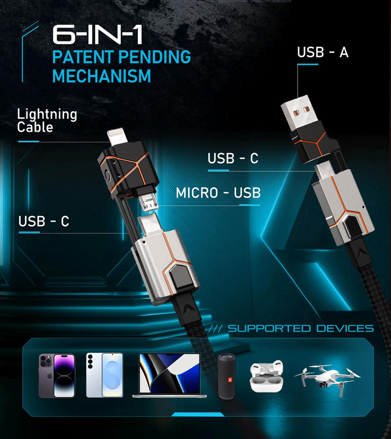 Futurizta Tech® Zeus-X Go Ultra 6 in 1 Keychain Universal Cable 240W 10Gbps USB3.1 USB-C, Lightning, Micro-USB, USB-A (Apex Silver, 0.5m/1.64ft) Apex Silver