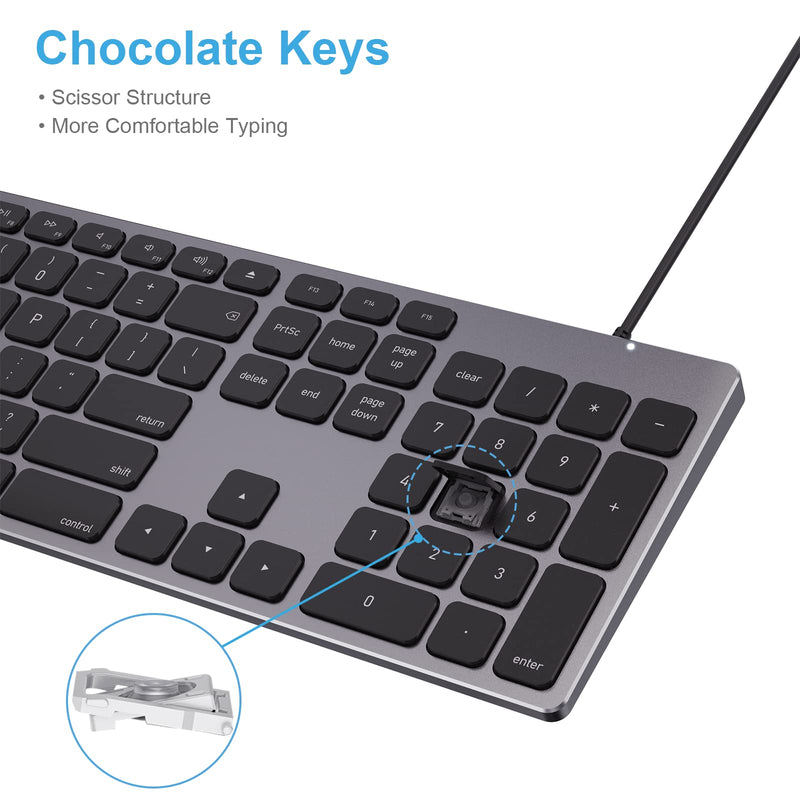 Wired Keyboard for Apple Mac OS Computer/Laptop, Aluminum Alloy Housing,150CM Cable Connection, Plug-N-Play USB Keyboard with Numeric Keypad Available to iMac/Mac Mini or MacBook Pro/Air-Black