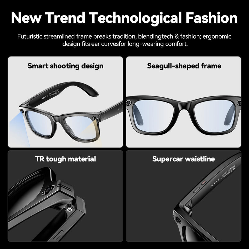 AI Smart Glasses with HD Camera- AI Photo Recognition and Interactive Dialogue, Noise-canceling, and Long Battery Life | Stylish Black Frame and Lenses (White) White