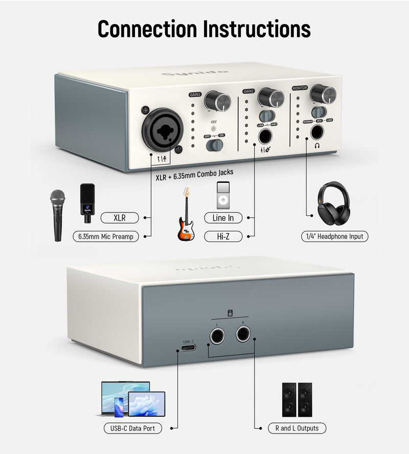 Synido Solo USB C Audio Interface for Recording Music, Streaming, Podcasting with XLR, Line Input, 24bit/48kHz, 48V Phantom Power, 2-channel, Silver Solo Audio Interafce-Silver