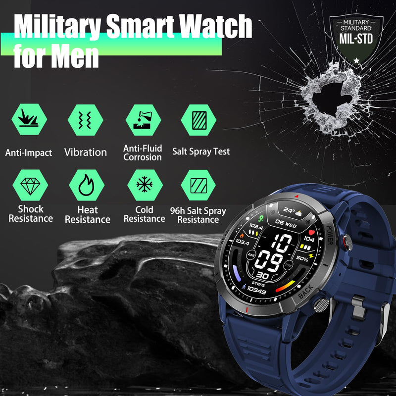 Military Smart Watch for Men Make/Answer Calls 1.43" AMOLED Display | Rugged Outdoor Tactical Smartwatch with 110+ Sports Modes, Heart Rate & Sleep Monitor Sports Fitness Watch for Android iOS Blue
