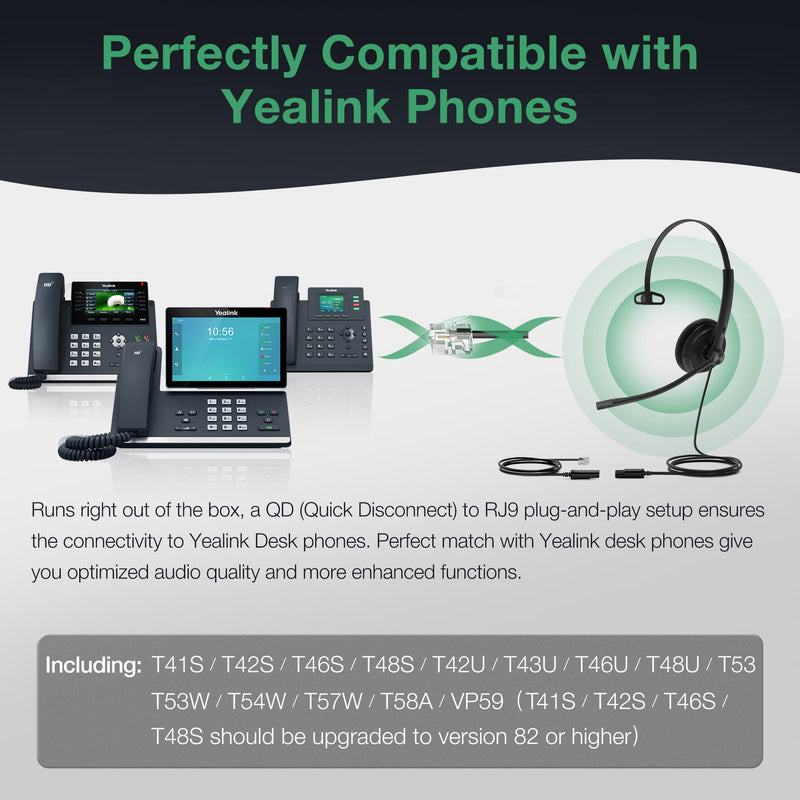 [AUSTRALIA] - Yealink Phone Headsets for Office Phones YHS34 Lite QD to RJ9 Wired Headset Compatible with Poly Snom Grandstream Phones Desk Landline Headset with Microphone -Mono/68g/2.1m Cable Foamy Ear Cushions - Mono Compatible with Yealink|Poly|SNOM|Grandstream 